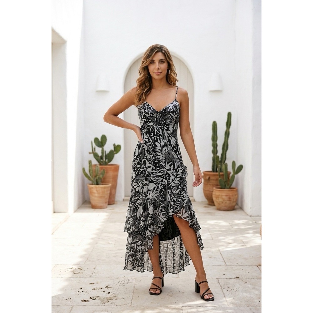 Milly Edra Painted Tiger Lily Dress Black White Floral High Low Silk Maxi 6 NEW